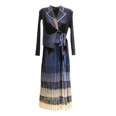 Autumn New Elegant Color-Blocking Printed Pleated Faux Two-Piece Dress Plus Size Casual Chiffon Lace Long Sleeves Suit Collar