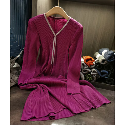 Women's High-End Elegant Pleated Long Dress Gown for Autumn New Gold Stamping Long Sleeve Loose Plus Size Casual Chiffon Solid