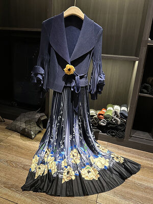 High-End Pleated Plus-Size Floral Printed Long Skirt Elegant French-Style Age-Reducing Dress for Women