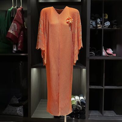 High-End Plus-Size Casual Dress Pleated Dragon Fish Scale Design Solid Color V-Neck Batwing Sleeve Loose Elegant for Autumn