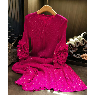 European American New Style Elegant Long Dress Bell Sleeves Autumn Pleated Belt Three-Dimensional Fish Scale Casual Dresses