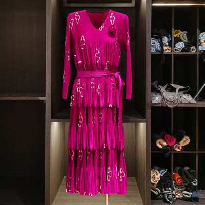 Autumn Casual Mid-Length Ruched Dress for Plus Size Moms Loose Fit Printed Chiffon Solid Style Floor-Length Dress