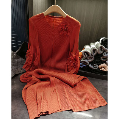 Autumn New Casual Plus Size Dress Elegant High Elasticity Fish Scale Pleated Belt Three-Dimensional Flower Lace Straight