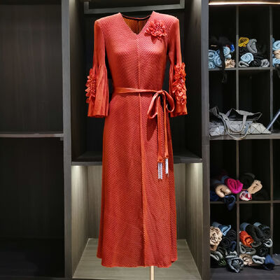 Autumn New Casual Plus Size Dress Elegant High Elasticity Fish Scale Pleated Belt Three-Dimensional Flower Lace Straight