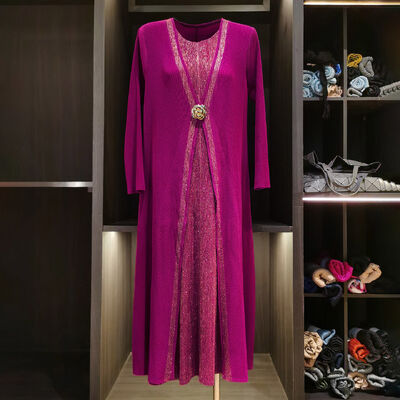 Autumn New Fashion Plus Size Women's Dress Elegant National Pleated  Two-Piece Loose Slimming Long Sleeve Casual Solid