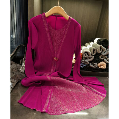 Autumn New Fashion Plus Size Women's Dress Elegant National Pleated  Two-Piece Loose Slimming Long Sleeve Casual Solid