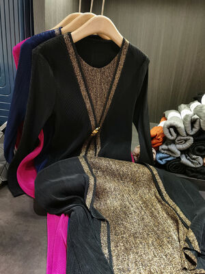 Autumn New Fashion Plus Size Women's Dress Elegant National Pleated  Two-Piece Loose Slimming Long Sleeve Casual Solid