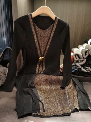 Autumn New Fashion Plus Size Women's Dress Elegant National Pleated  Two-Piece Loose Slimming Long Sleeve Casual Solid