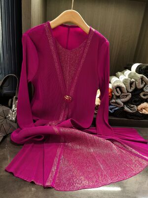 Autumn New Fashion Plus Size Women's Dress Elegant National Pleated  Two-Piece Loose Slimming Long Sleeve Casual Solid