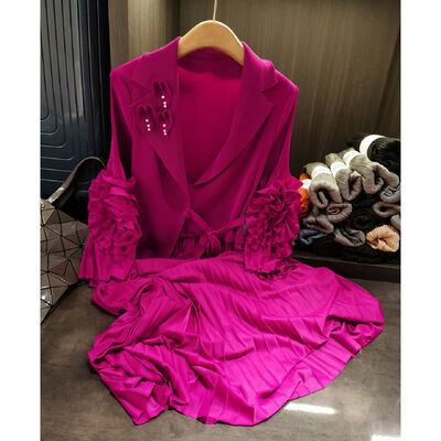 Women's Elegant Solid Color Pleated Dress with Thin Strap New Beaded Three-Dimensional Decorative Skirt for Autumn