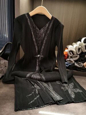 Autumn Casual Elegant Plus-Size Mid-Length Dress Buttoned  Two-Piece V-Neck Long-Sleeved A-Line Chiffon Fashionable Loose