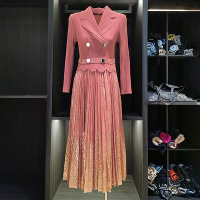 Autumn Chic Elegant Gold-Printed Two-Piece Pleated Waist-Cinching Suit Long-Sleeve Collar Dress New Style Floor-Length Casual