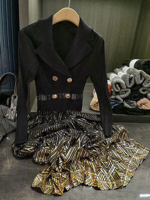 Autumn Chic Elegant Gold-Printed Two-Piece Pleated Waist-Cinching Suit Long-Sleeve Collar Dress New Style Floor-Length Casual