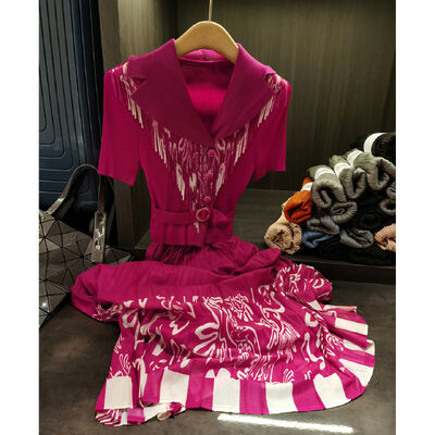 European American Elegant Mid-Length Dress New Style Floral Printed Suit Collar Pleated Waist Slimming Short Sleeve Versatile