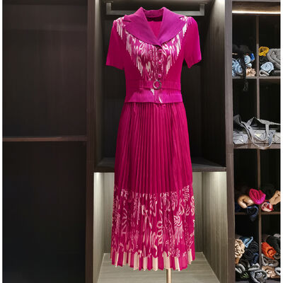 European American Elegant Mid-Length Dress New Style Floral Printed Suit Collar Pleated Waist Slimming Short Sleeve Versatile