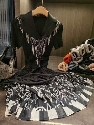 European American Elegant Mid-Length Dress New Style Floral Printed Suit Collar Pleated Waist Slimming Short Sleeve Versatile