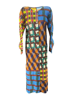 Uniquely designed irregular printed pleated dress for autumn, loose and casual, slimming long sleeved mid length skirt