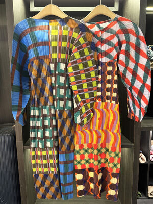 Uniquely designed irregular printed pleated dress for autumn, loose and casual, slimming long sleeved mid length skirt