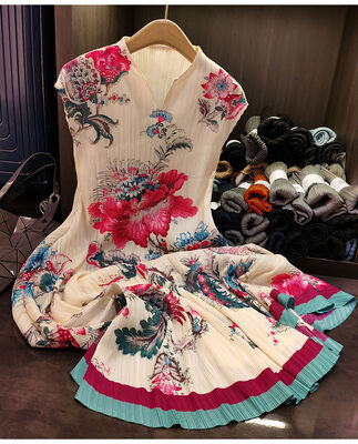 Women's Elegant Casual Floral Printed Midi Length Dress Slimming V-Neck Sleeveless Natural Waistline Woven Summer Style