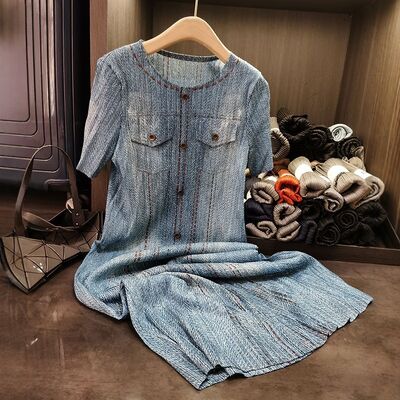 Women's High-End Mid-Length Button-Decorated Niche Pleated Long Skirt New Denim Blue Chiffon Casual for Natural Day