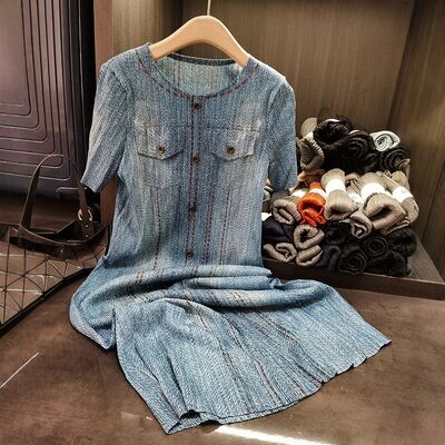 Women's High-End Mid-Length Button-Decorated Niche Pleated Long Skirt New Denim Blue Chiffon Casual for Natural Day
