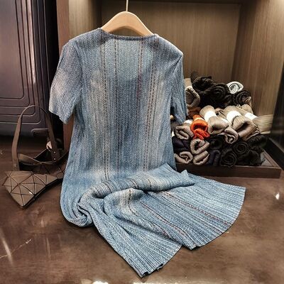 Women's High-End Mid-Length Button-Decorated Niche Pleated Long Skirt New Denim Blue Chiffon Casual for Natural Day