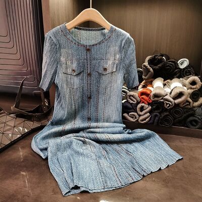 Women's High-End Mid-Length Button-Decorated Niche Pleated Long Skirt New Denim Blue Chiffon Casual for Natural Day