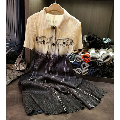 Women's Summer Literary Retro Gradient Pleated Dress  New Loose Large Size Mid-Length Lapel Skirt Casual ODM Woven