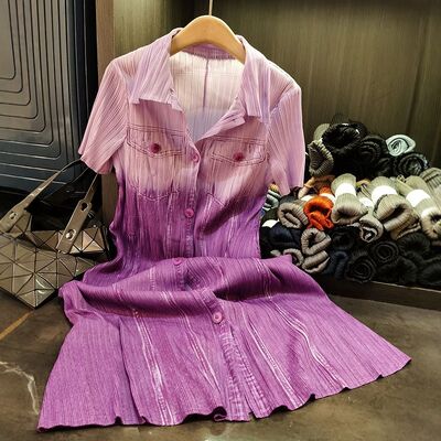 Women's Summer Literary Retro Gradient Pleated Dress  New Loose Large Size Mid-Length Lapel Skirt Casual ODM Woven