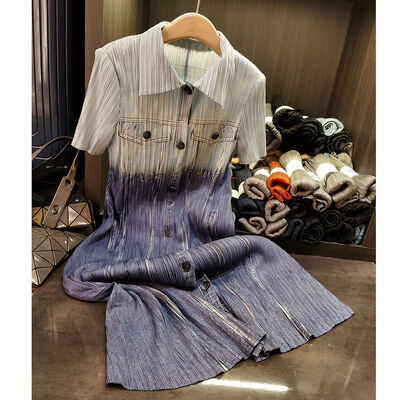 Women's Summer Literary Retro Gradient Pleated Dress  New Loose Large Size Mid-Length Lapel Skirt Casual ODM Woven