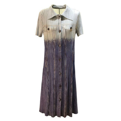 Women's Summer Literary Retro Gradient Pleated Dress  New Loose Large Size Mid-Length Lapel Skirt Casual ODM Woven