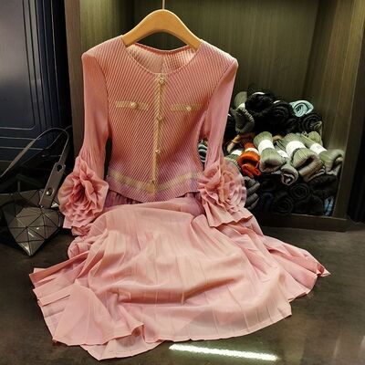 European Station Mid-Length Pleated Skirt New Fashion Neck Splicing Slim Dress Casual Chiffon Natural Waistline Day