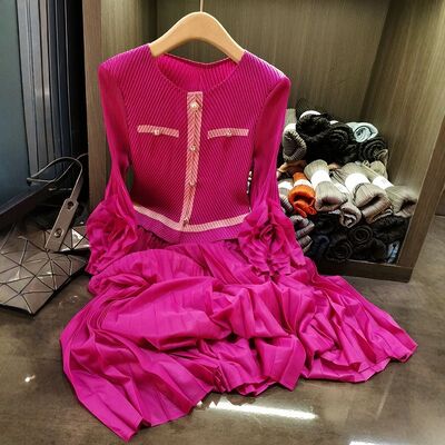 European Station Mid-Length Pleated Skirt New Fashion Neck Splicing Slim Dress Casual Chiffon Natural Waistline Day