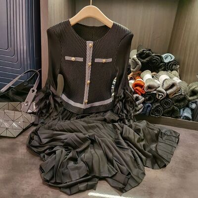 European Station Mid-Length Pleated Skirt New Fashion Neck Splicing Slim Dress Casual Chiffon Natural Waistline Day