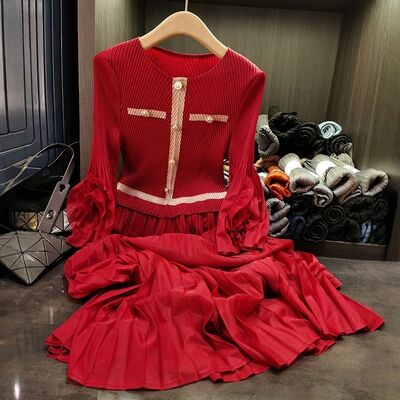 European Station Mid-Length Pleated Skirt New Fashion Neck Splicing Slim Dress Casual Chiffon Natural Waistline Day