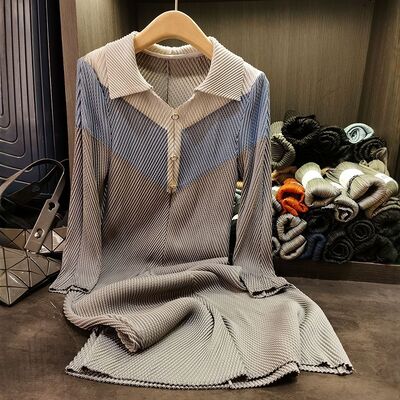 Summer New  Contrasting Color Splicing Mid Long Button Lapel Dragon Scale Pleated Dress