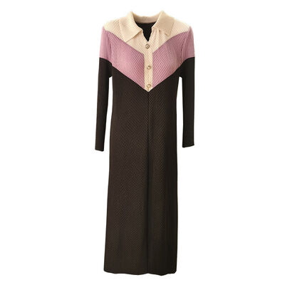 Summer New  Contrasting Color Splicing Mid Long Button Lapel Dragon Scale Pleated Dress