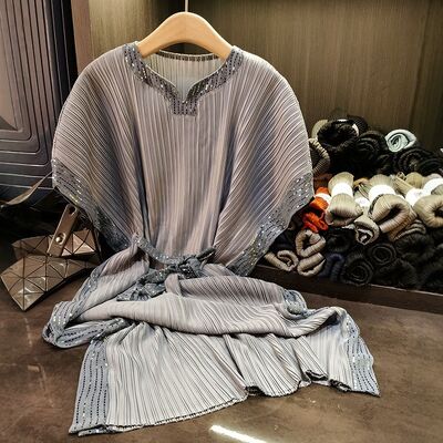 Summer New Dress Elegant Loose Chiffon Skirt V-Neck Bat Sleeves Lace-Up Waist Midi Length Casual Look for Large Sizes