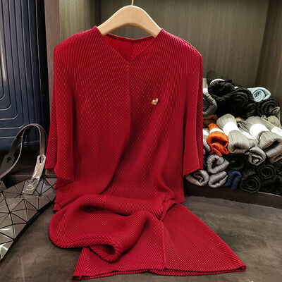 Women's Summer Dress Elegant Solid Color Loose Slimming Batwing Sleeve V-Neck Dragon Scale Pleated Casual