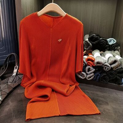 Women's Summer Dress Elegant Solid Color Loose Slimming Batwing Sleeve V-Neck Dragon Scale Pleated Casual