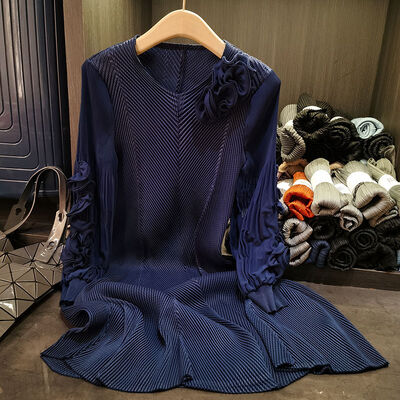 High-End Western-Style Pleated for Spring Summer V Neck Floor-Length Puff Sleeves Loose Slimming Look Front Casual