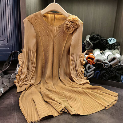 High-End Western-Style Pleated for Spring Summer V Neck Floor-Length Puff Sleeves Loose Slimming Look Front Casual