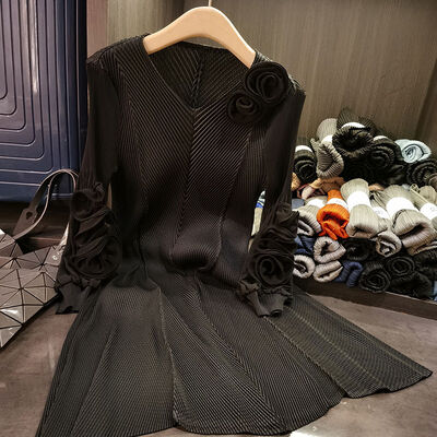 High-End Western-Style Pleated for Spring Summer V Neck Floor-Length Puff Sleeves Loose Slimming Look Front Casual