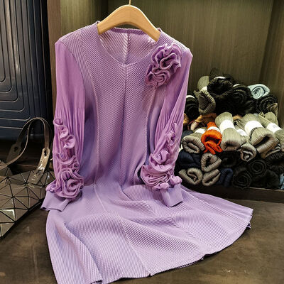 High-End Western-Style Pleated for Spring Summer V Neck Floor-Length Puff Sleeves Loose Slimming Look Front Casual