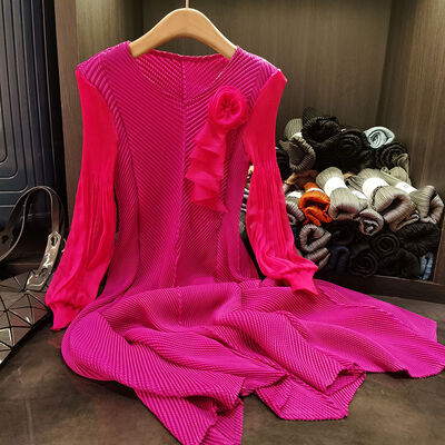 Versatile Design Solid Color Long Sleeve Midi Plus Size Fish Scale Pleated Slimming Three-Dimensional Front Button New Stylish