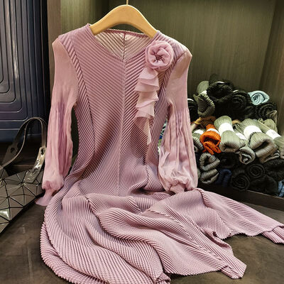 Versatile Design Solid Color Long Sleeve Midi Plus Size Fish Scale Pleated Slimming Three-Dimensional Front Button New Stylish