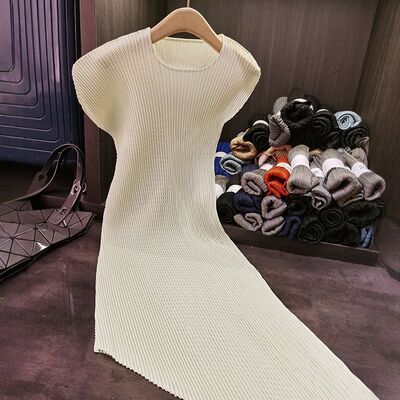 High-End Elegant A-Line Polyester Casual Solid Color Pleated Irregular Design Loose Slimming Neck Summer Niche Short Size XL