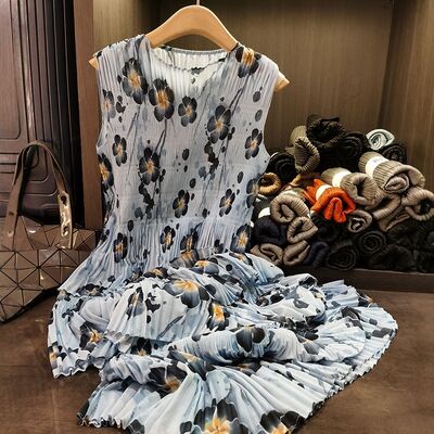 Women's Chic Summer Dress Super Elegant Pleated Design Casual Midi Length Chiffon Wide Swing Long Skirt Leopard High-End