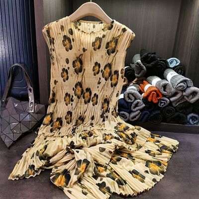 Women's Chic Summer Dress Super Elegant Pleated Design Casual Midi Length Chiffon Wide Swing Long Skirt Leopard High-End