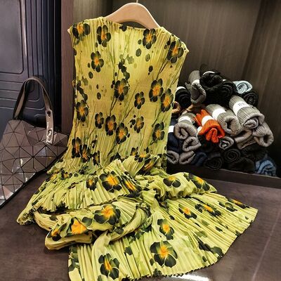 Women's Chic Summer Dress Super Elegant Pleated Design Casual Midi Length Chiffon Wide Swing Long Skirt Leopard High-End
